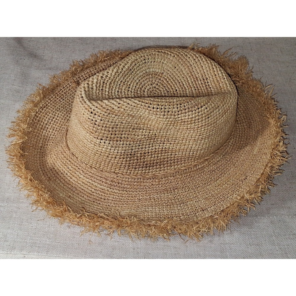 Sophia Collection LA Womens 100% Raffia Straw Frayed Fringe Fedora Sun Hat Tan - Picture 3 of 5